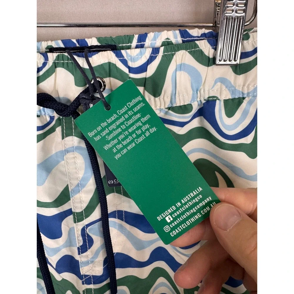Coast Clothing Co Mens Swirl Print Quick Dry Swim Trunks Green‎ Blue Size M NEW
